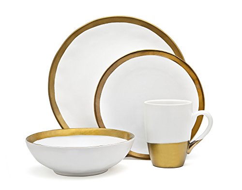 Godinger 4 Piece Porcelain Dinnerware Set, Terre Dor (White And Gold)