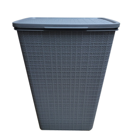 YBM Plastic Rattan Laundry Basket with Lid, Grey