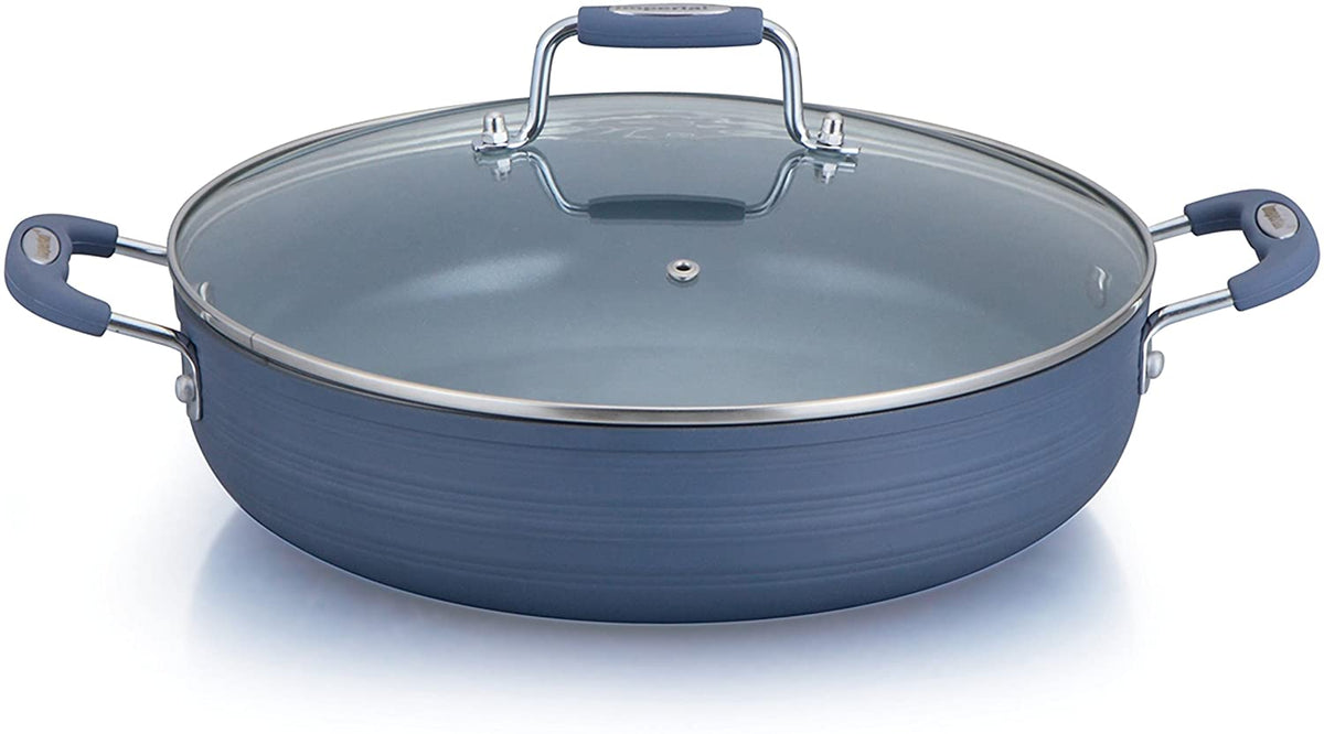 Imperial Ceramic Coated Nonstick (12", 14") Low Frying Pan, Saucepan & 10QT Stockpot with Glass Cover, Matte Blue