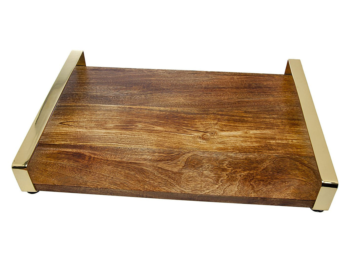 Godinger Wooden Challah Board Tray Platter with Gold Handles, Large - 20" x 14"