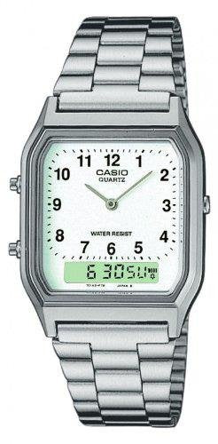 Casio AQ-230A-7B Men's Analog/Digital Silver Metal Band Watch with White Display - Numbers