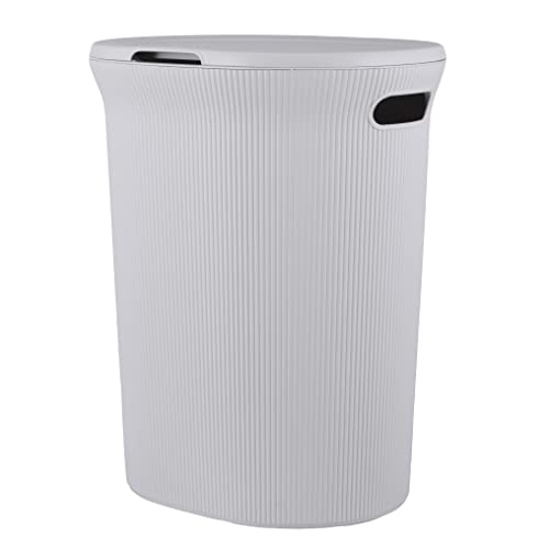 Superio Decorative Plastic Laundry Hamper with Lid and Cut-Out Handles, White Smoke