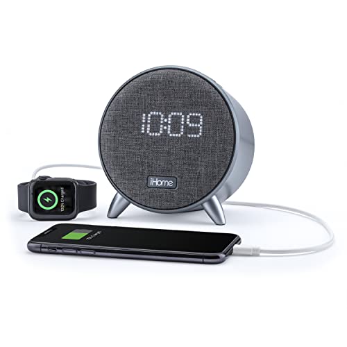 iHome Bluetooth Digital Alarm Clock with Dual USB Charging and Ambient Nightlight, Grey