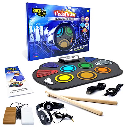 Rock And Roll It - CodeDrum. Flexible Roll Up Color Coded Electric Drum Kit, Easy Learning & Play for Beginners! Portable, Drumsticks+Bass Drum/Hi Hat pedals+Headphones+Play-By-Color Music Book