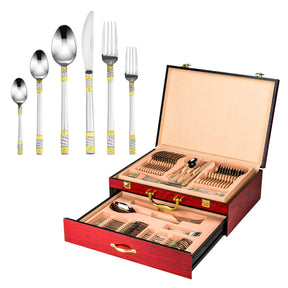 Joseph Sedgh 18/10 Flatware, Various Silver with Gold Designs in a Wooden Storage Chest