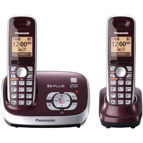 Panasonic KX-TG6572R DECT 6.0 2 Handset Cordless Telephone, Wine Red - Talking Caller ID; Answering System; Eco Mode; Call Block; 4-way Conference; Expandable up to 6 Handsets