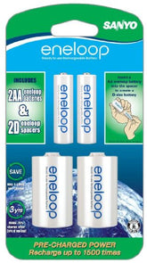 Eneloop AA Batteries with "D" Spacers, 1800 cycle, Ni-MH Pre-Charged Rechargeable Batteries, 2 Pack(2 batteries, 2 spacers)