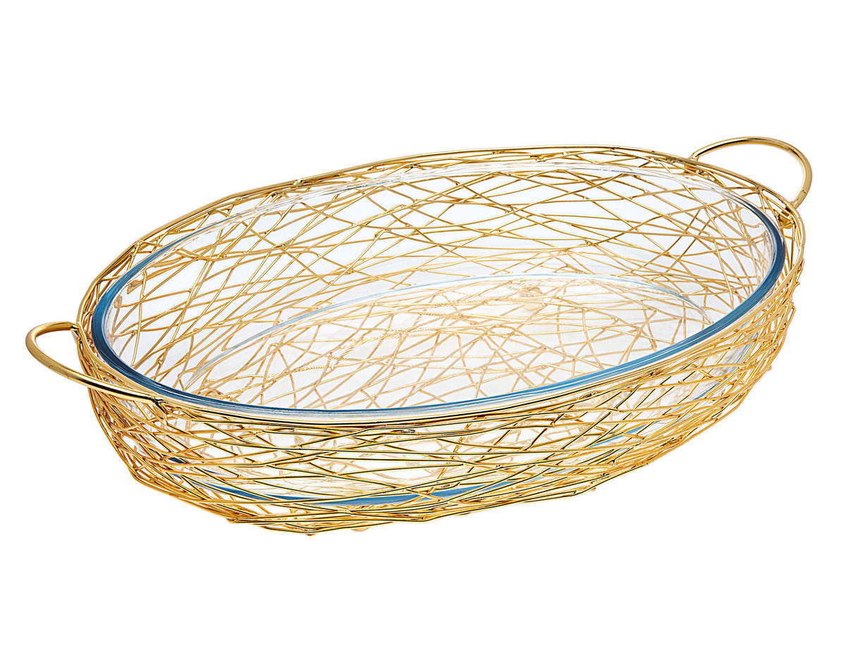 Oven To Table Baker With Sparkling Serving Stand (Oval, Gold Mesh Weave)