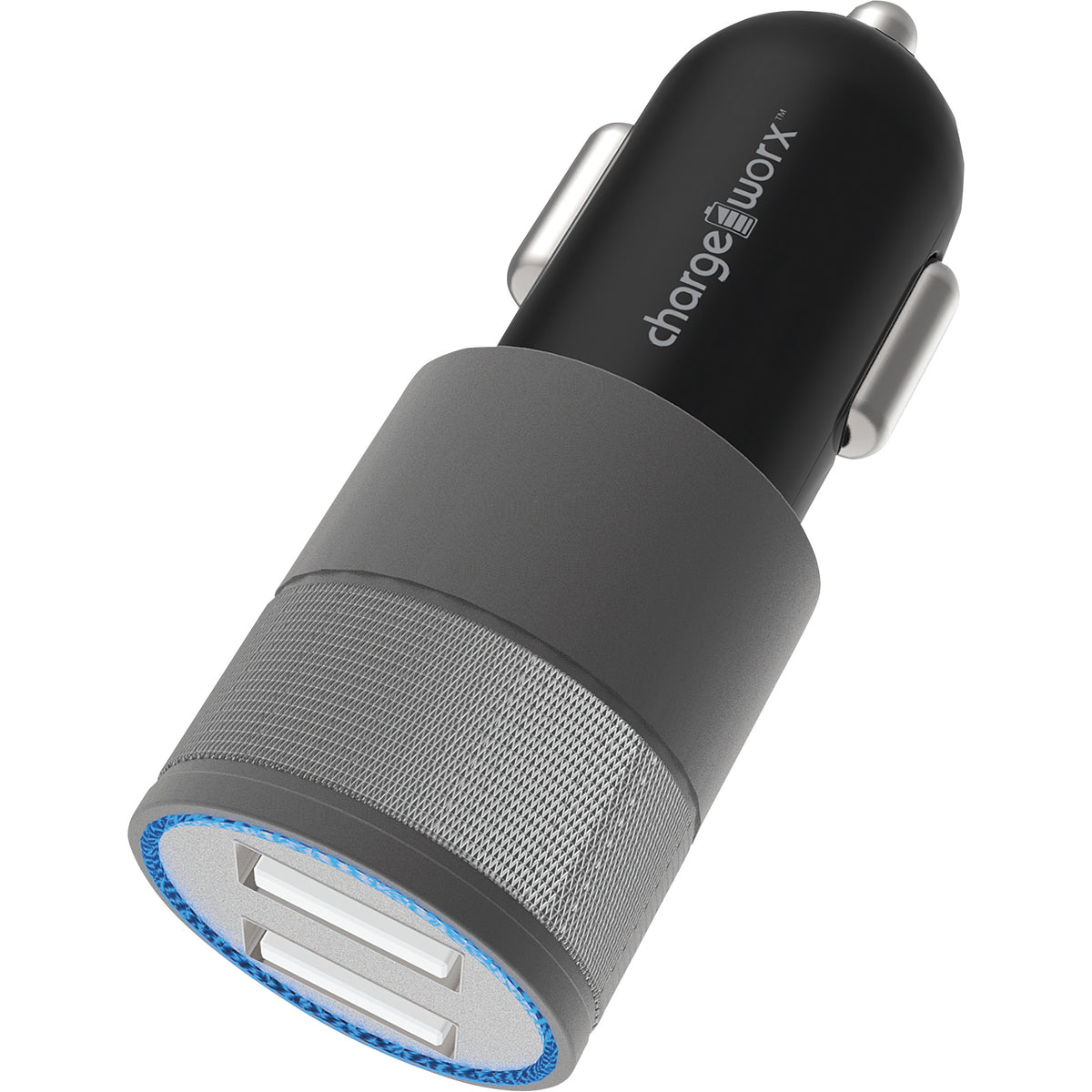 Chargeworx - 2.4 Amp Dual USB Car Adapter Charger, Black/Grey