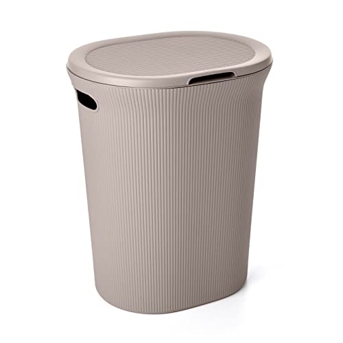 Decorative Plastic Laundry Hamper with Lid and Cut-Out Handles, Taupe