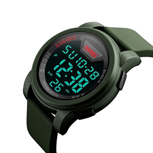 Skmei Men's Waterproof Digital Watch, Army Green - 50M Water Resistant, Calendar