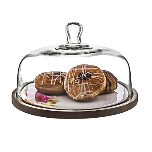 Godinger Floral Wooden Footed Cake Plate with Glass Dome
