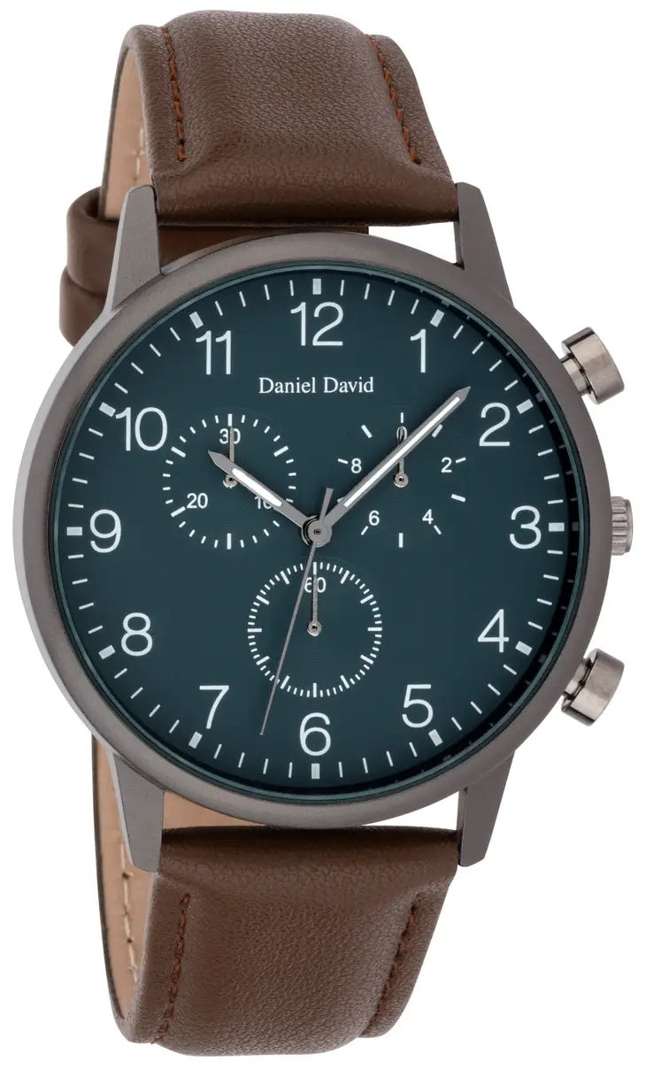 Daniel David Men's Classic Chronograph Analog Watch, Gunmetal Bezel, Brown Strap