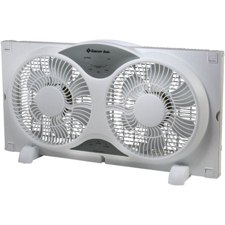 Comfort Zone CZ310R 9" 3-Speed Twin Window Fan - Remote Control, Removable Feet, Accordion expanders, Turbo fan blades, 3 fan functions: intake, exhaust and circulate, Expandable from 23.5" to 37"