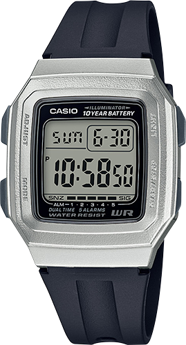 Casio F201WAM-7AV 5 Alarm, LED Backlight, Black Resin Band, Silver Face