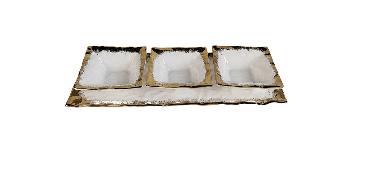 Classic Touch White Porcelain 3 Bowl Relish Dish with Gold Edge 15.75"L