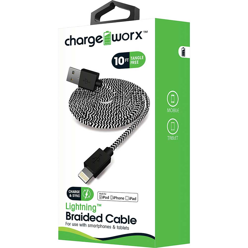 ChargeWorx 10ft Lightning Braided Sync & Charge Cable, Black