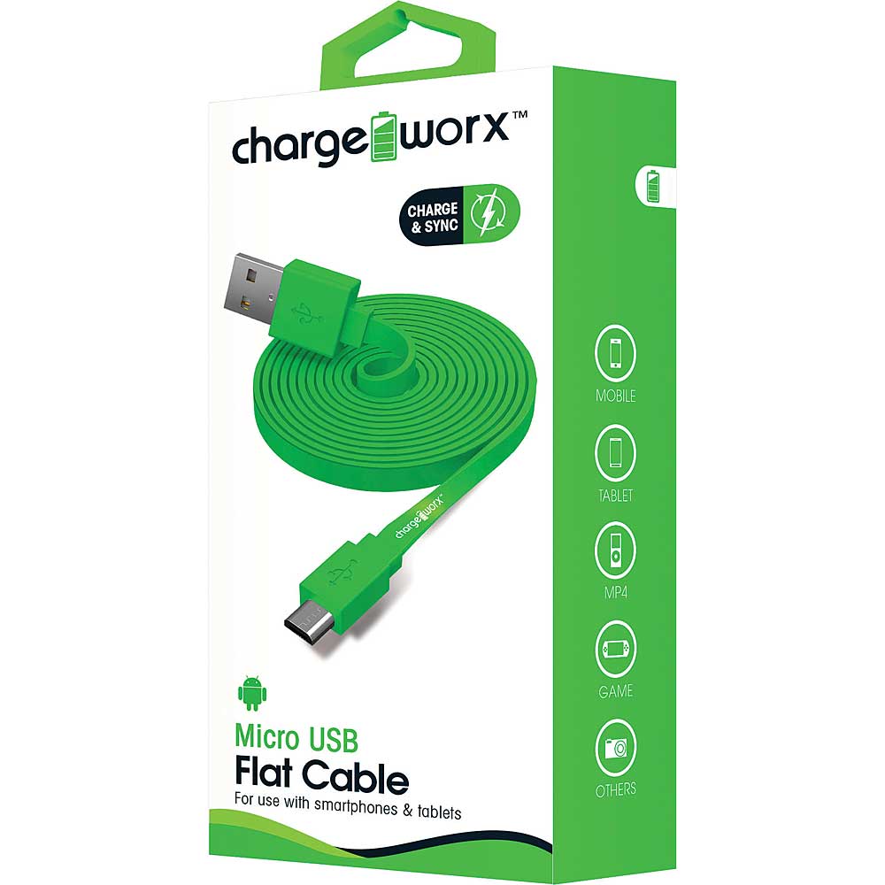 Chargeworx CX4537GN 3' Micro USB Flat Sync & Charge Cable, Green
