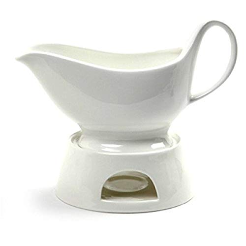Norpro Porcelain Gravy Sauce Boat with Stand and Candle, 16oz, White