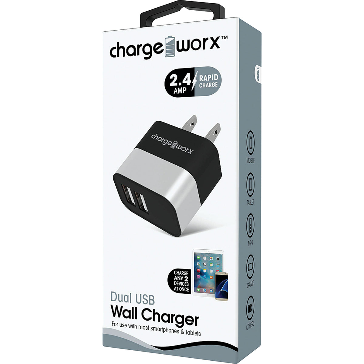 Chargeworx CX3052SL 2.4A Dual USB Metal Wall Charger, Silver