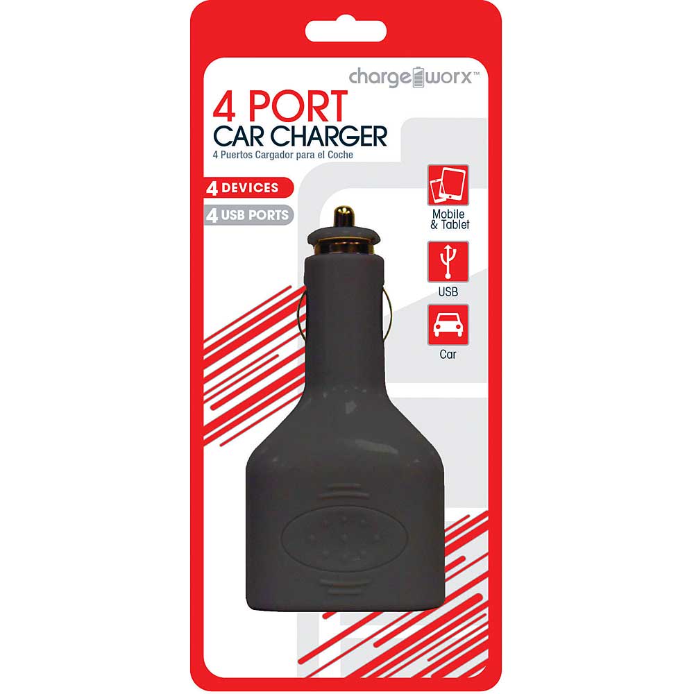 Chargeworx CX2005BK Four Port USB Car Charger, Black