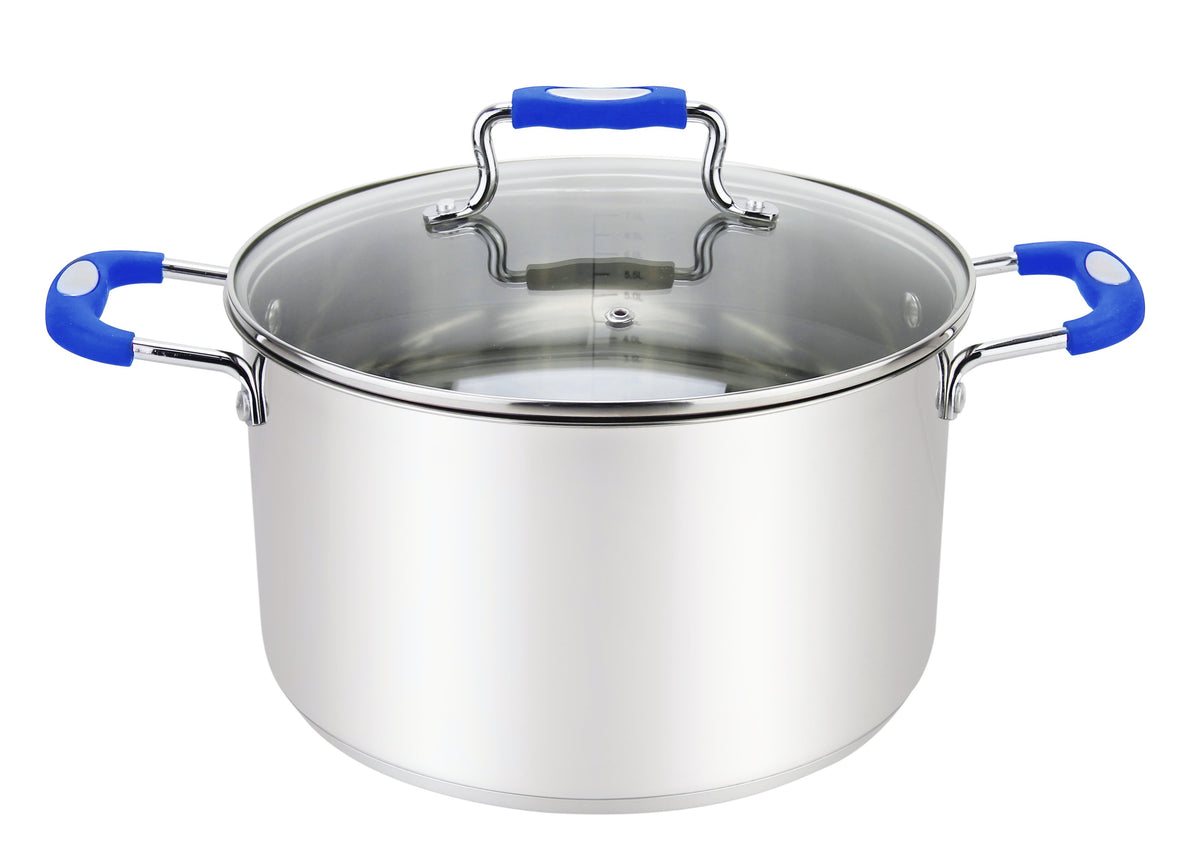 Millvado-Urban Stainless Steel Pots With Glass Lid, Blue Silicone Handles - Assorted Sizes