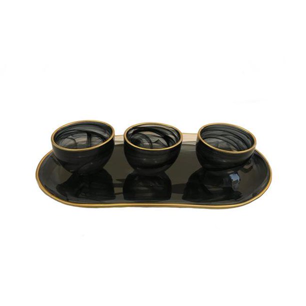Classic Touch Black Alabaster Tray w/ 3 Bowls with Gold Trim - 12 x 3 in.