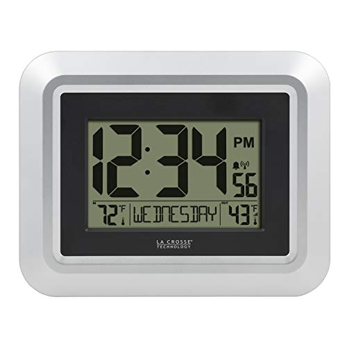 La Crosse Atomic Digital Wall Clock with Temperature, Silver