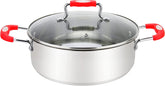 Millvado-Urban Stainless Steel Low Casserole Pot, Glass Lid, Black & Red Silicone Handles, Assorted Sizes