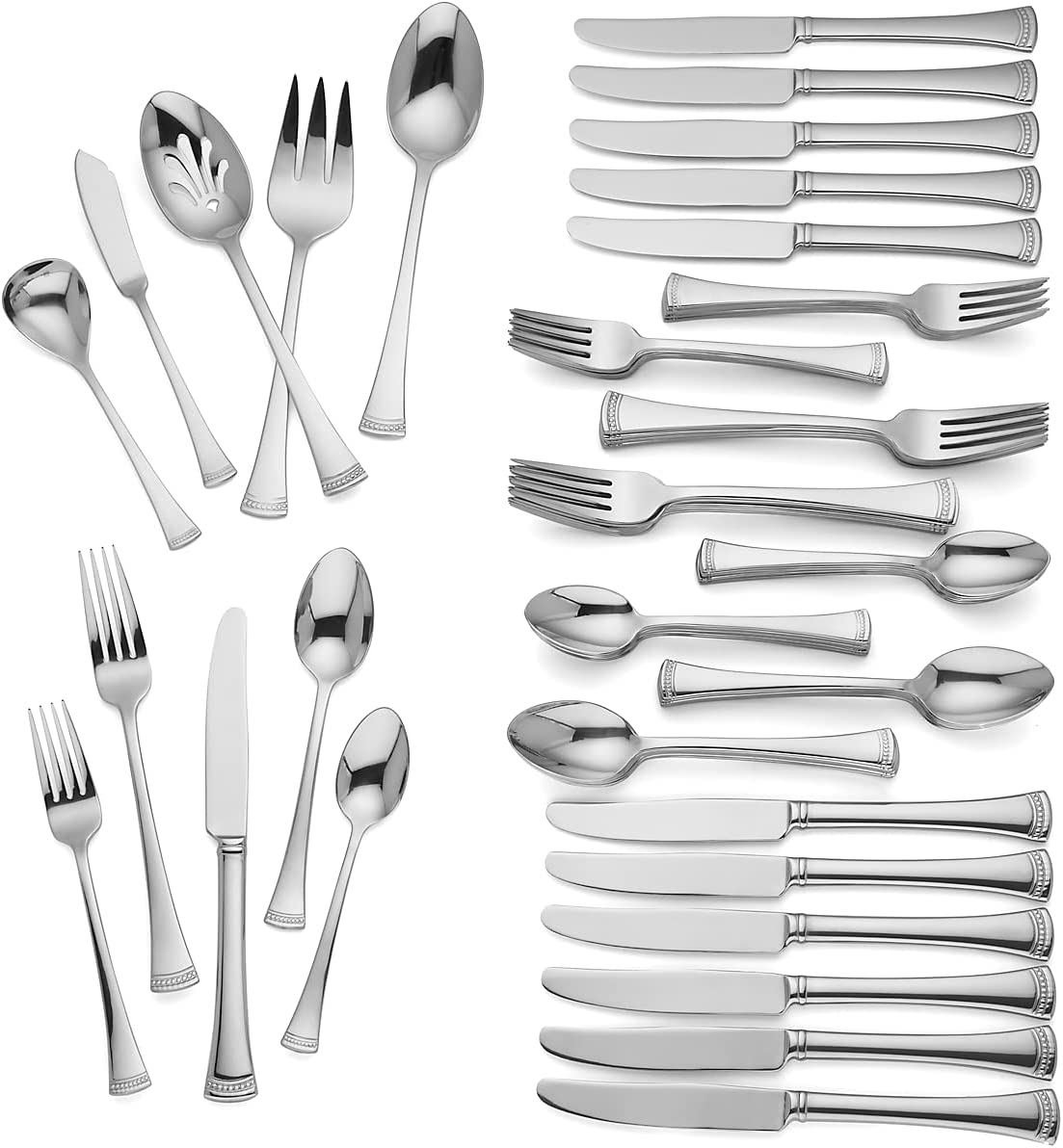 Lenox 65 Piece 18/10 Stainless Steel Flatware Set, Portola - Service for 12 (Includes 1 sugar spoon, 1 butter serving knife, 1 cold meat fork, 1 tablespoon and 1 pierced tablespoon)