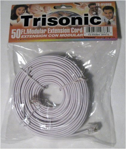 Trisonic 50ft Modular Telephone Extension Cord Phone Cable, Goes from Phone to Wall, Non Coiled - White