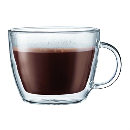 Bodum Bistro 2 Piece Double Wall 15 oz Cafe Latte Coffee Cup, Hand Blown, Clear