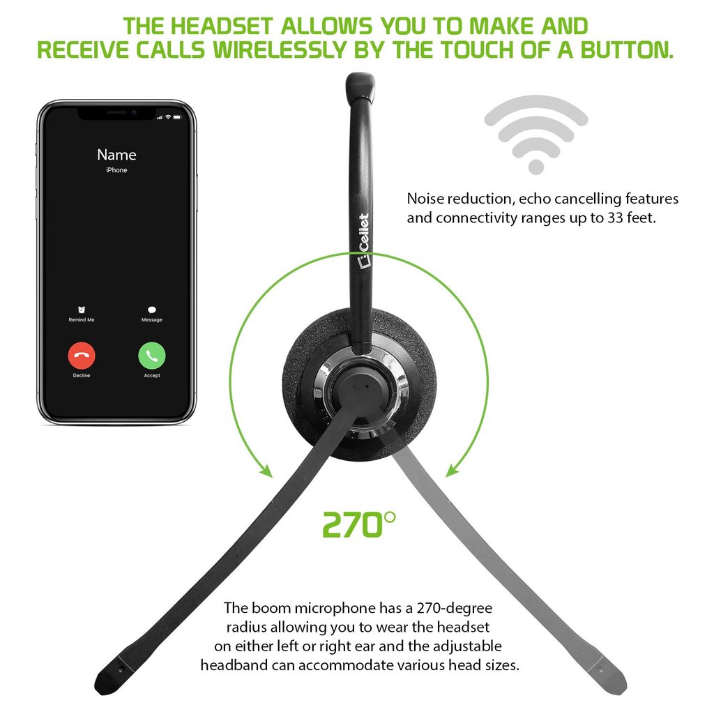 Cellet - Hands-Free Bluetooth Headset With Boom Microphone and Noise Cancellation