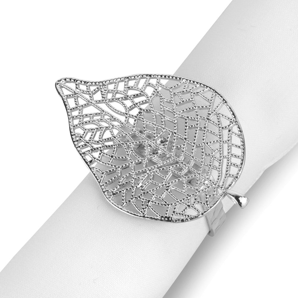 Brilliant Feuille Platine Silver Napkin Ring, Set of 4, Leaf Design with Dotted Webbing Details