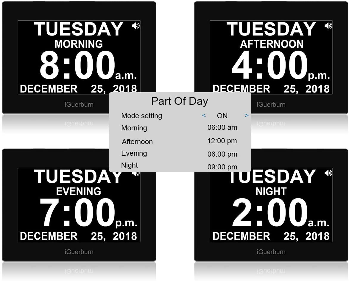 iGuerburn - Large LED 8" Digital Talking Family Clock Calendar For the Elderly, Vision Impaired, or Kids, Black