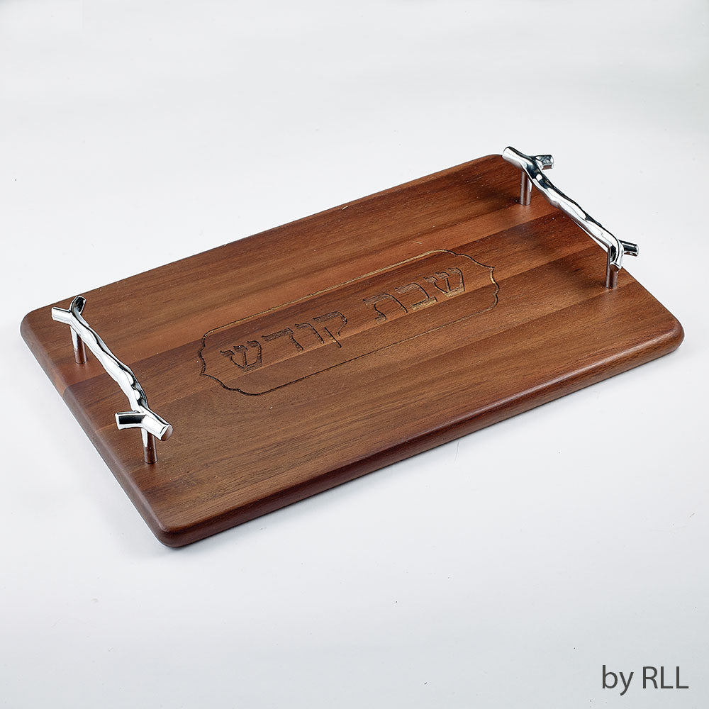 CHALLAH BOARD SERVING TRAY, ACACIA WOOD, SILVER HANDLES