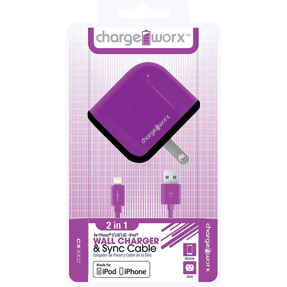 Chargeworx CX3002VT 3.3' USB Wall Charger & Lightning Cable for iPhone 5/5S/5C, 6/6Plus, Purple