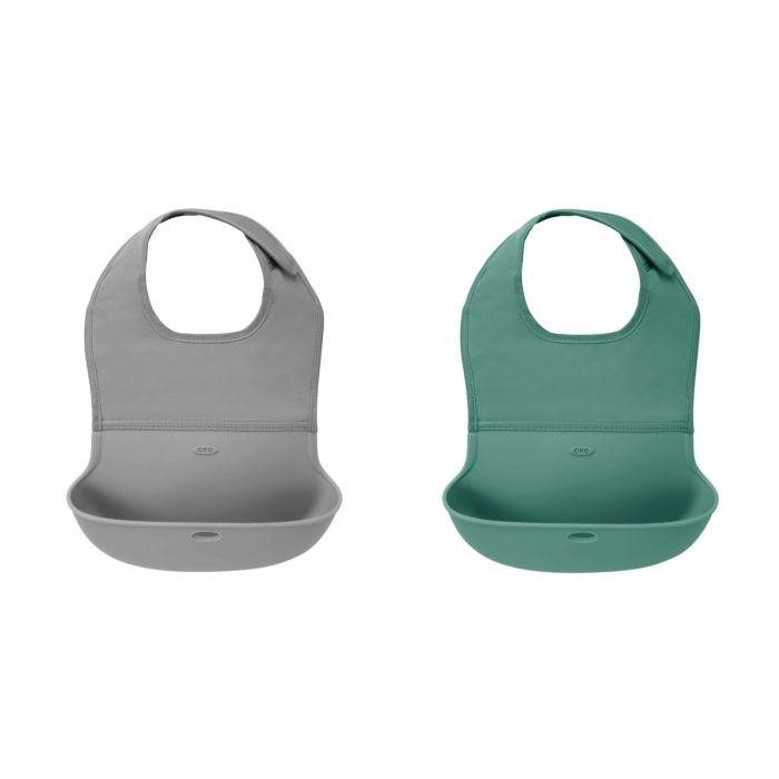 OXO Roll-Up Bib Set of Comfy-for-Baby Roll-Up Bibs, Fabric and Silicone, Machine Wash, Sage and Grey