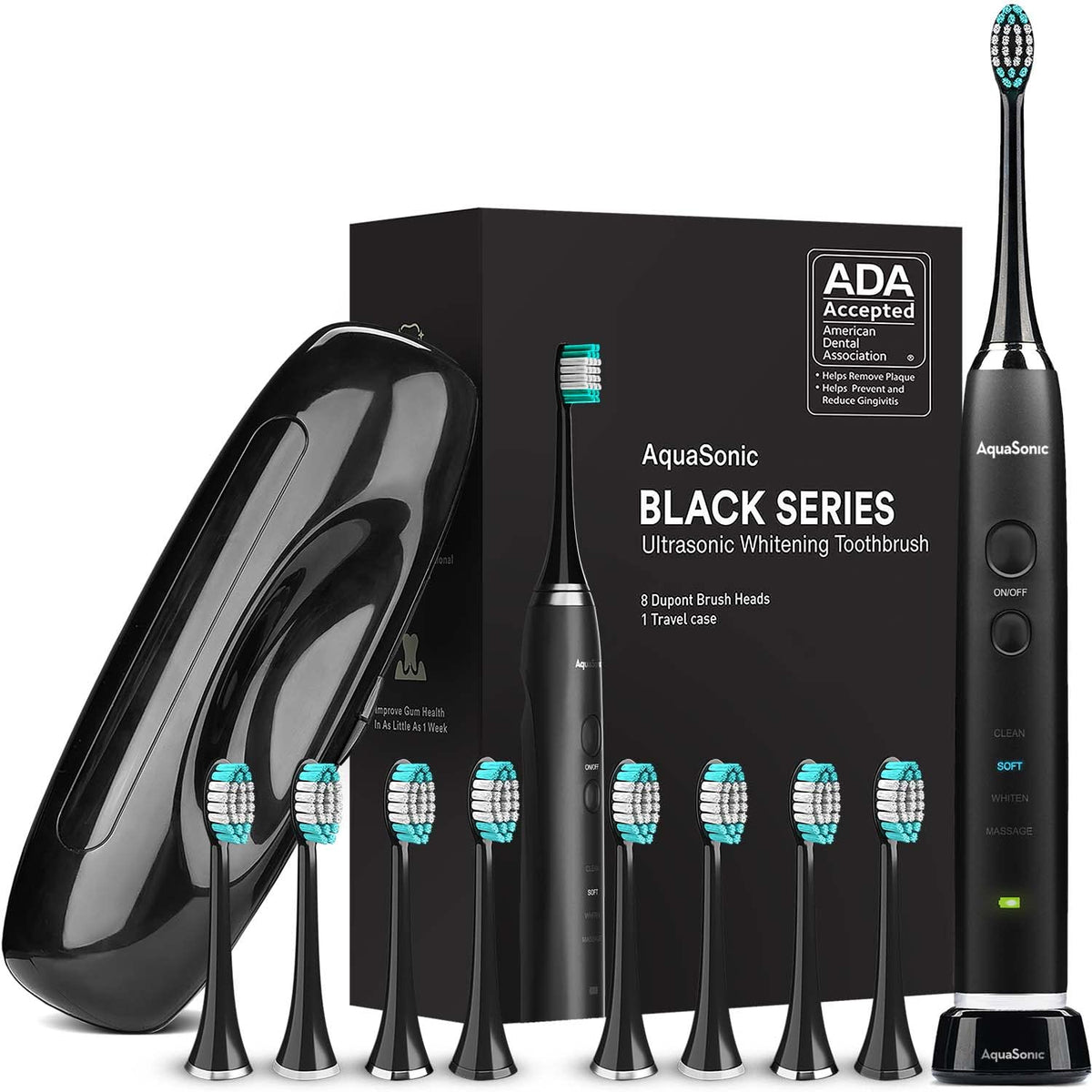 AquaSonic - Black Series Ultra Whitening Toothbrush, 8 DuPont Brush Heads & Travel Case Included