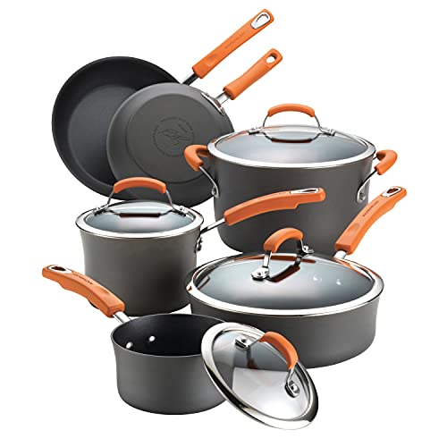 Rachael Ray Brights Hard-Anodized Aluminum 10-Piece Pot and Pan Nonstick Cookware Set with Glass Lids - Gray / Orange
