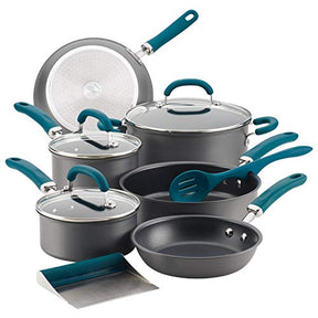 Rachael Ray 11 Piece Hard Anodized Nonstick Cookware Pots and Pans Set - Gray with Teal Handles