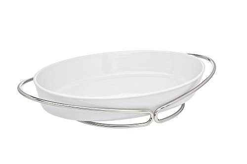 Godinger Infinity Oven to Table Porcelain Oval Baker, Warmer, Serving Piece with Nickel Silver Base