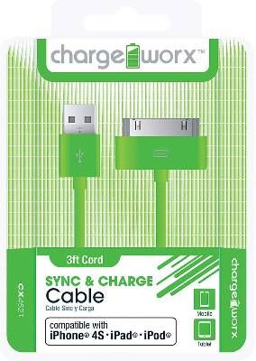 CHARGEWORX CX4506BK 3ft 30Pin Sync & Charge Cable, Green