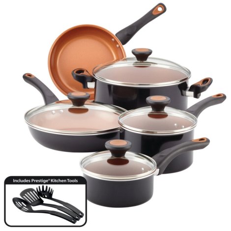 Farberware 12 Piece Black Cookware Set, Ceramic CopperSlide Nonstick, Glass Cover, 5Qt, 2Qt, 1Qt, 8.5" &10" Frying Pan, Pasta Fork, Slotted Spoon and Spatula