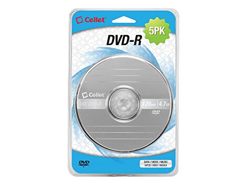 Cellet 5-Pack Blank 16X 120 Min 4.7 GB DVD-R for Video, Pictures, MP3 Files