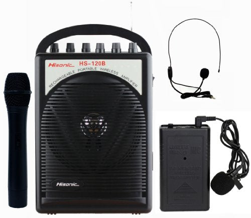 Hisonic HS120B 40W Portable PA System With Microphones AA Batteries (Handheld, Lapel & Headset), Black