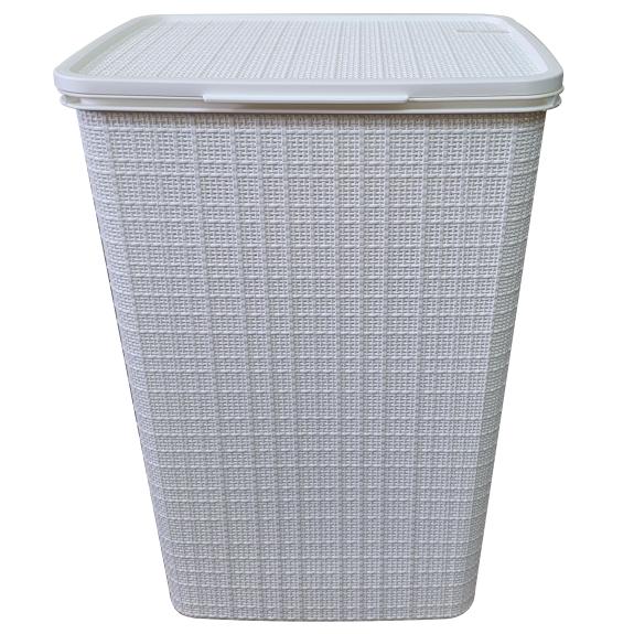 YBM Plastic Rattan Laundry Basket with Lid, White