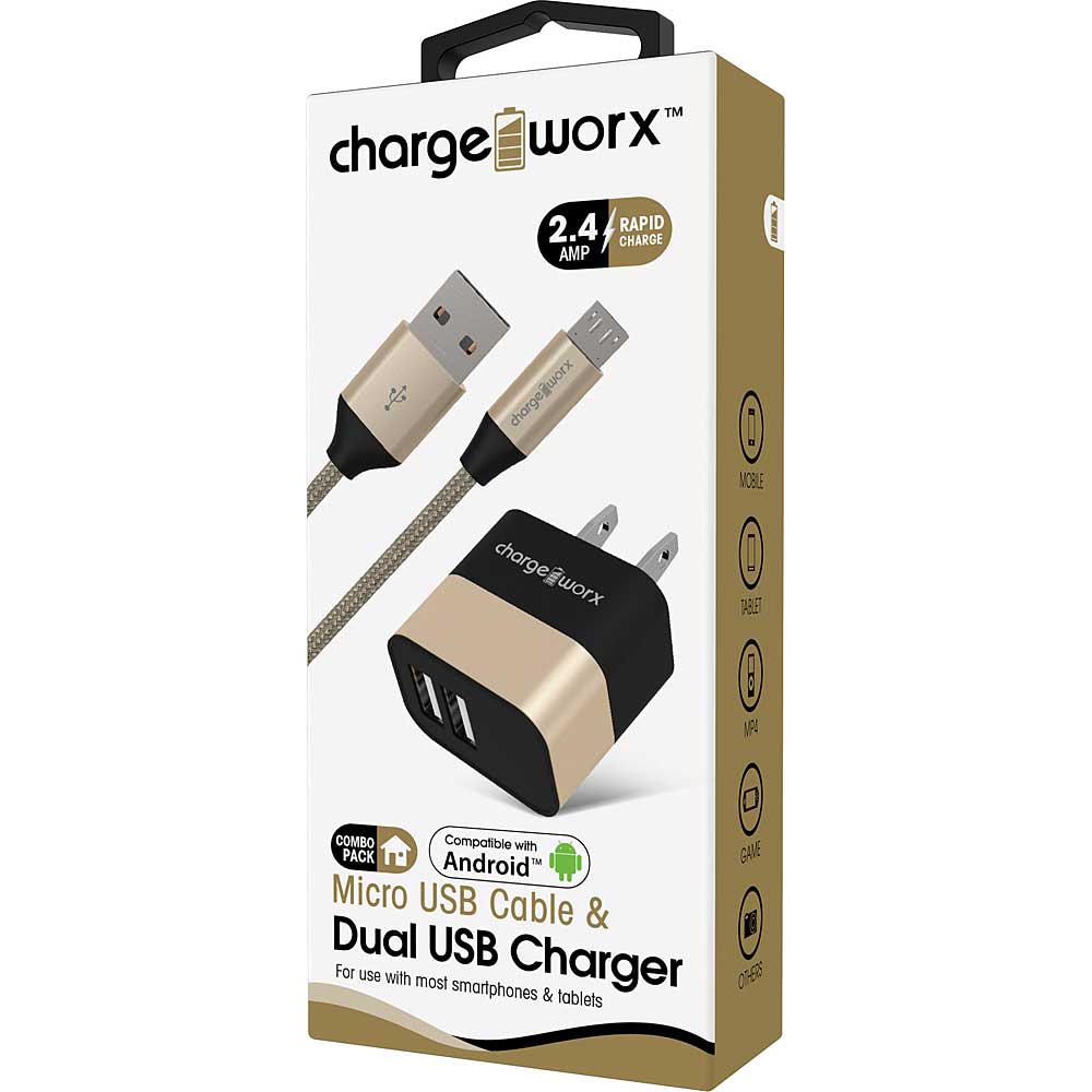 Chargeworx 2.4A Dual USB Metal Wall Charger & Micro USB Cable, Gold