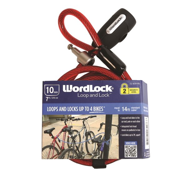 Wordlock Loop'n Lock Matchkey Bike Lock 10 mm x 7' Cable Lock, Assorted Colors