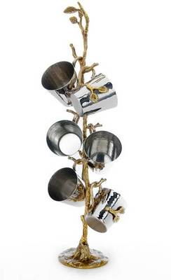 Classic Touch JLS35 Two Tone Hammered Liquor Cups on Gold Brass Leaf Stand, Set of 6 (5"W x 14"H)